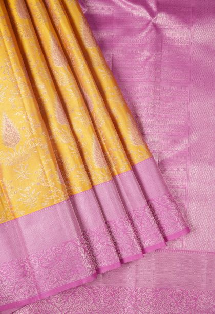 Merigold Orange Kanchipuram Silk Sarees with Gold Zari Floral Patterns