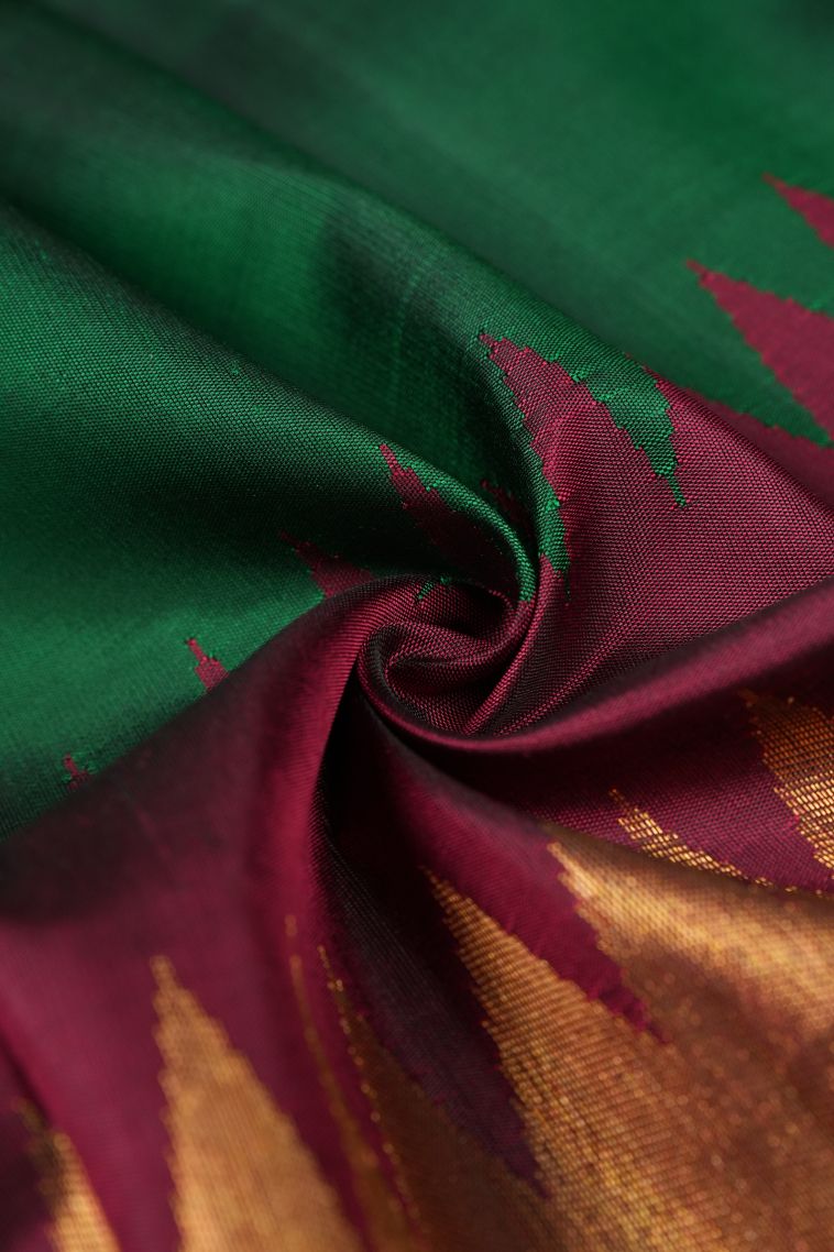 Bottle Green Kanchipuram Silk Sarees with Gold Zari Temple Borders view 4