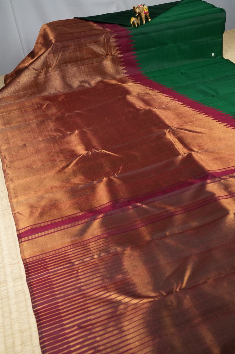 Bottle Green Kanchipuram Silk Sarees with Gold Zari Temple Borders view 2