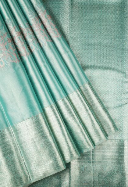 Arctic Blue Kanchipuram Silk Sarees with Silver Zari Buttis (small Dots Or Motifs)