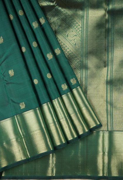 Bottle Green Kanchipuram Silk Sarees with Gold Zari Peacock Motifs