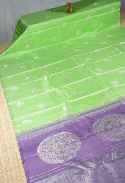 Lime Green Kanchipuram Silk Sarees with Silver Zari Peacock Motifs