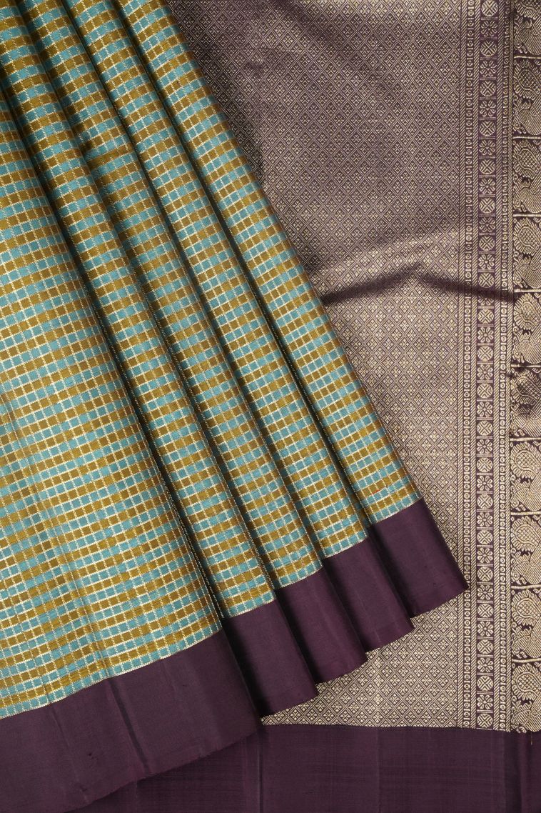 Olive Green Kanchipuram Silk Sarees with Gold And Silver Zari Checks view 1