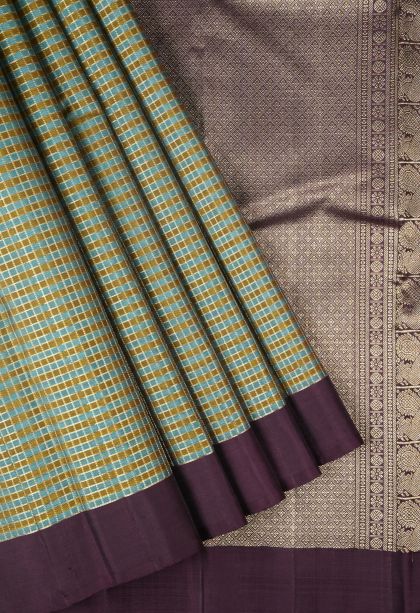 Olive Green Kanchipuram Silk Sarees with Gold And Silver Zari Checks