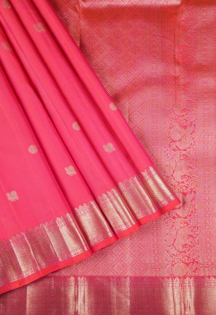 Punch Pink Kanchipuram Silk Sarees with Gold Zari Peacock Motifs