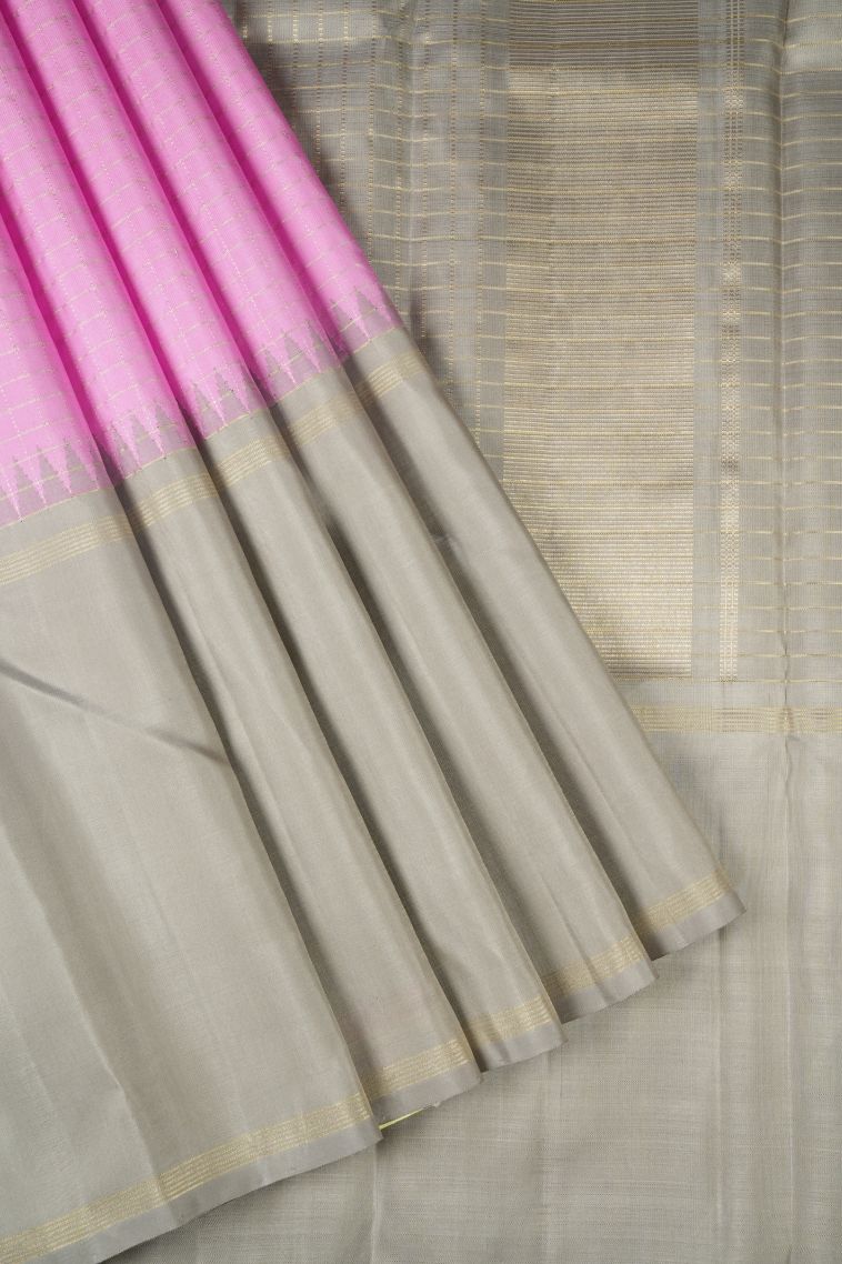 Taffy Pink Kanchipuram Silk Sarees with Gold Zari Checks view 1