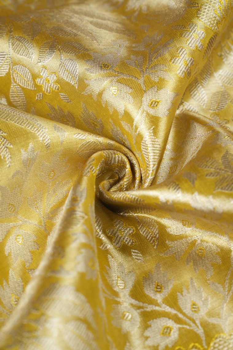 Sand Yellow Kanchipuram Silk Sarees with Silver Zari Floral Patterns view 4