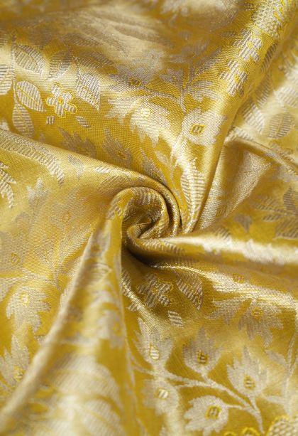 Sand Yellow Kanchipuram Silk Sarees with Silver Zari Floral Patterns