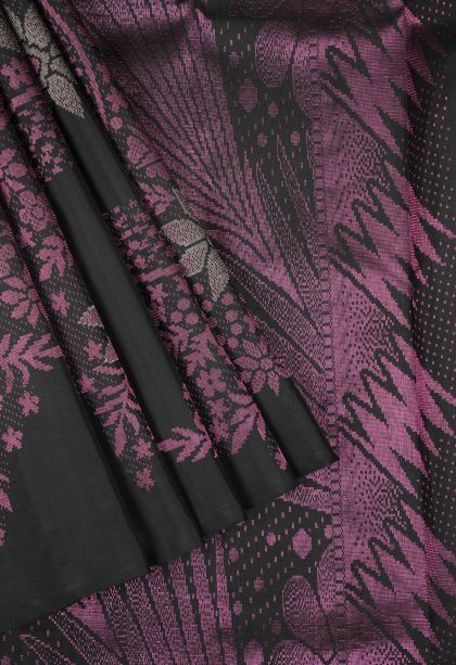 Rock Black Kanchipuram Silk Sarees with Silver Zari Floral Patterns