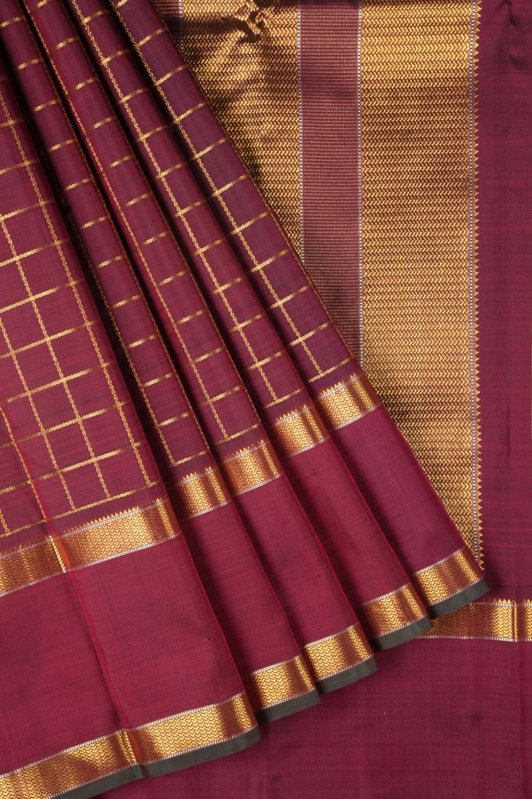 Cherry  Red Kanchipuram Silk Sarees with Gold Zari Checks view 1