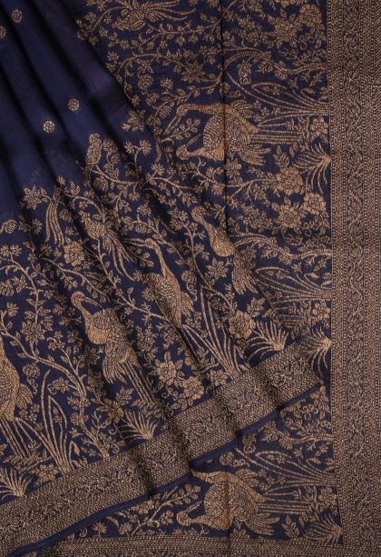 Berry Blue Banaras Sarees with Gold Zari Buttis (small Dots Or Motifs)