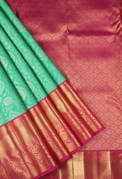 Mint Green Kanchipuram Silk Sarees with Gold Zari Floral Patterns