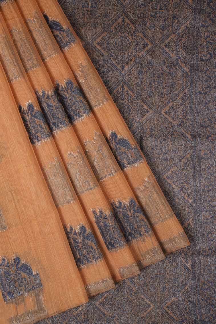 Cream White Tussar Saree with Bronze Zari Buttis (small Dots Or Motifs) view 1