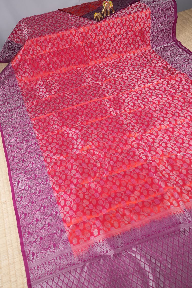 Strawberry Pink Soft Silk Saree with Silver Zari Floral Patterns view 2