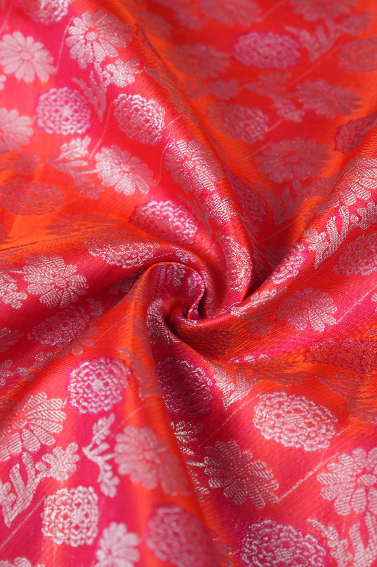 Strawberry Pink Soft Silk Saree with Silver Zari Floral Patterns view 4