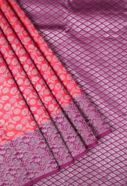 Strawberry Pink Soft Silk Saree with Silver Zari Floral Patterns