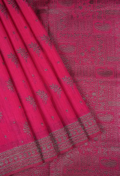 Hot Pink Tussar Saree with Bronze Zari Buttis (small Dots Or Motifs)
