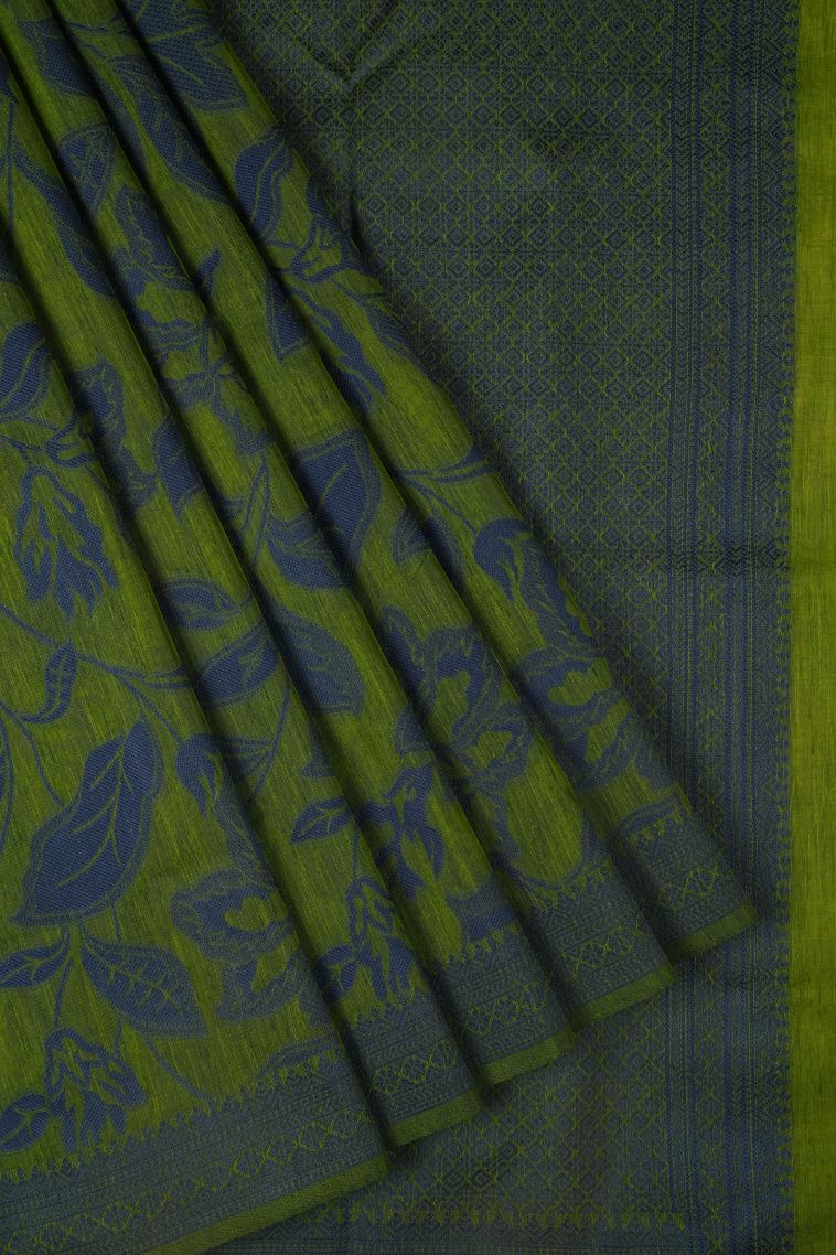 Basil Green Tussar Saree with Bronze Zari Floral Patterns view 1