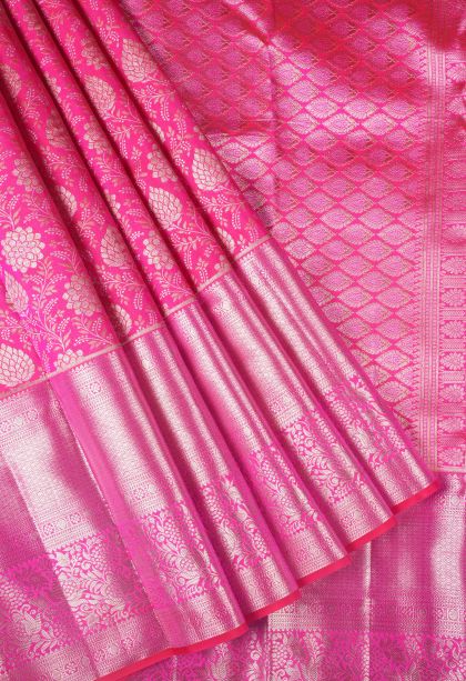 Bubblegum Pink Kanchipuram Silk Sarees with Silver Zari Floral Patterns