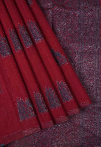 Rose  Red Tussar Saree with Bronze Zari Buttis (small Dots Or Motifs)