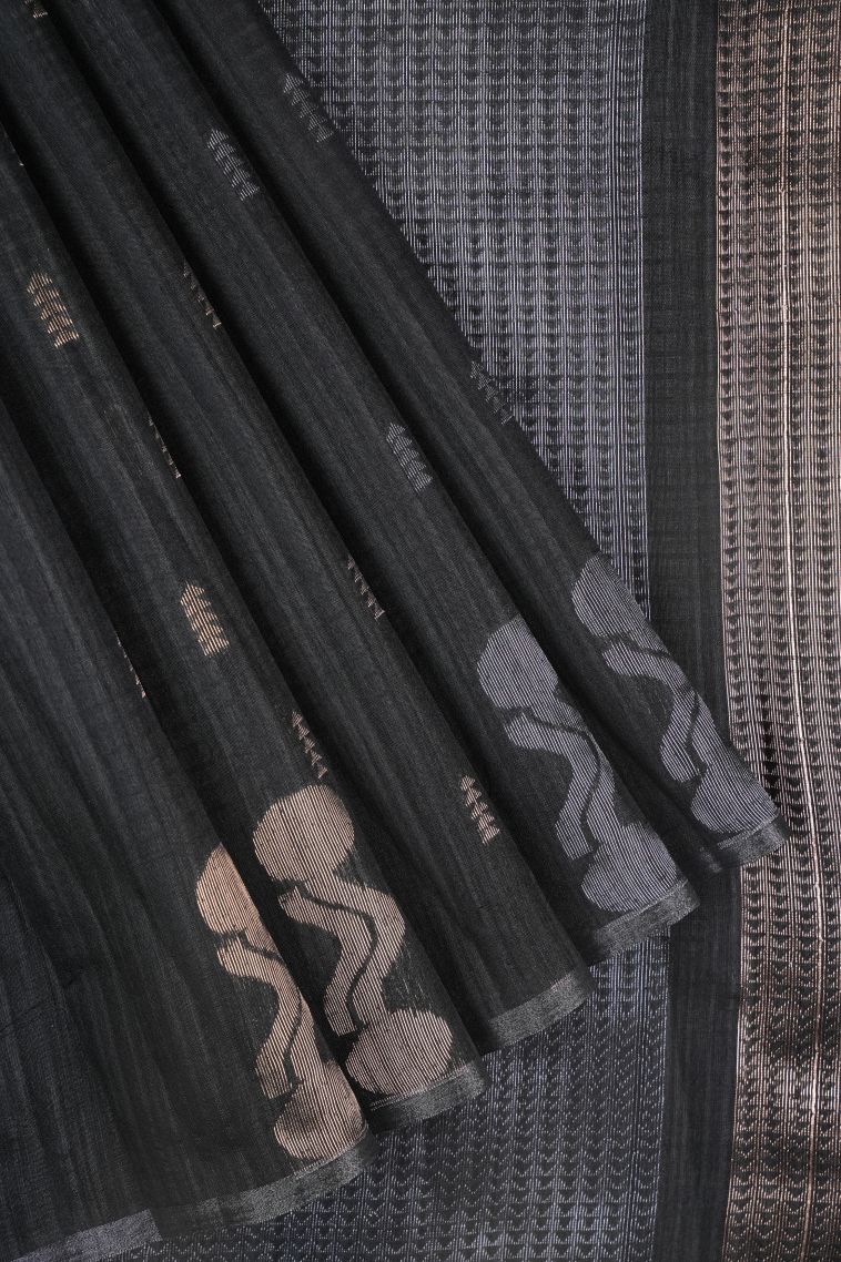 Asphalt Black Jute Sarees with Copper Zari Buttis (small Dots Or Motifs) view 1