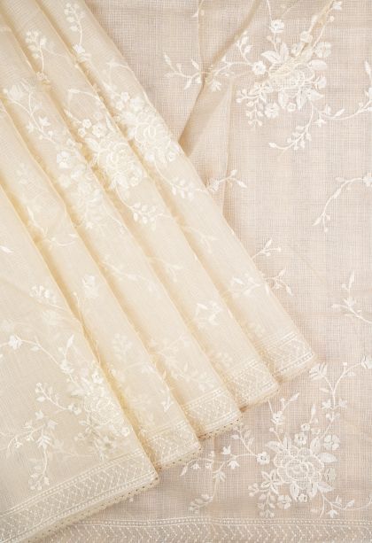 Cream White Organza Saree with Without Zari Zari Floral Patterns