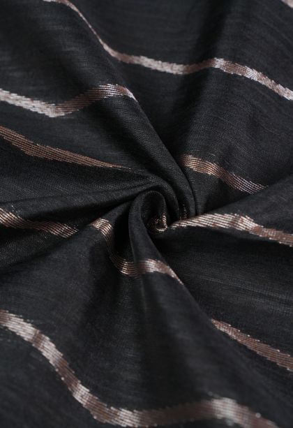 Asphalt Black Jute Sarees with Copper Zari Stripes