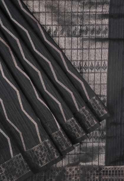 Asphalt Black Jute Sarees with Copper Zari Stripes