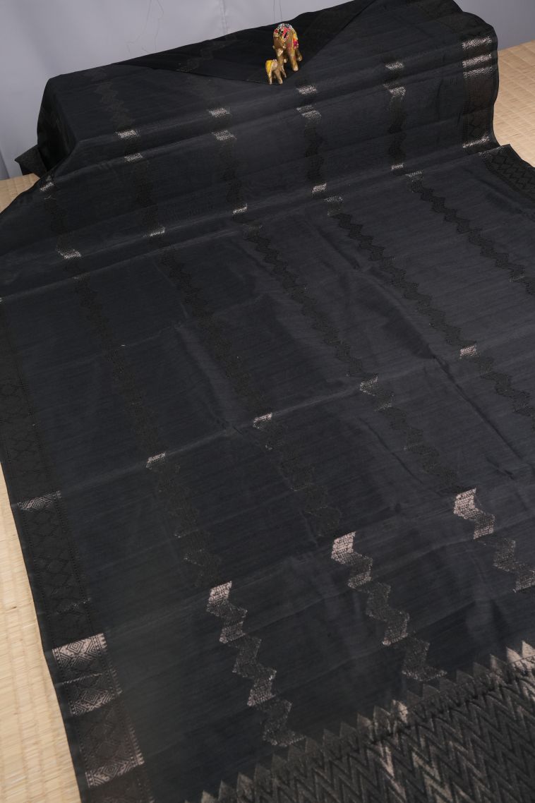 Asphalt Black Jute Sarees with Copper Zari Stripes view 2