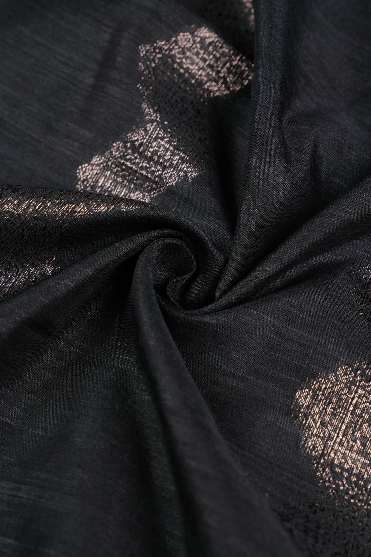 Asphalt Black Jute Sarees with Copper Zari Stripes view 4