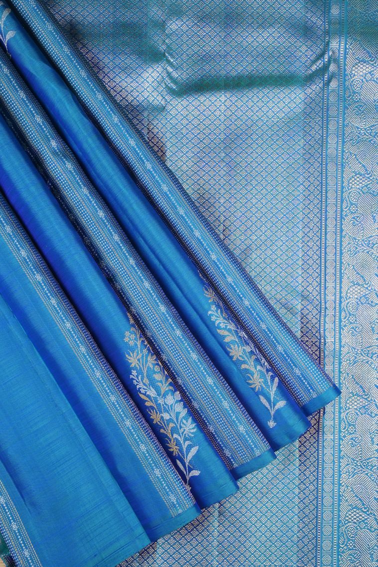 Peacock Blue Kanchipuram Silk Sarees with Gold Zari Stripes view 1
