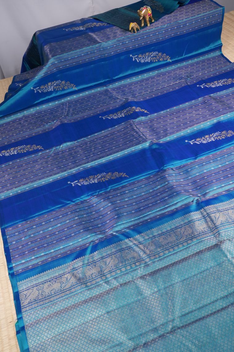Peacock Blue Kanchipuram Silk Sarees with Gold Zari Stripes view 2