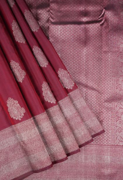 Apple Red Kanchipuram Silk Sarees with Silver Zari Abstract Designs