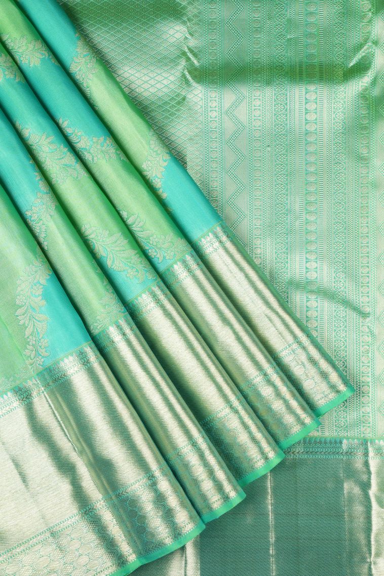 Seafoam Green Kanchipuram Silk Sarees with Gold Zari Floral Patterns view 1