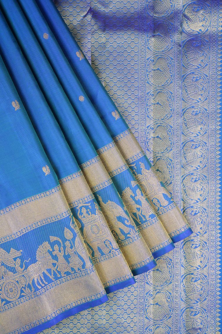 Ocean Blue Kanchipuram Silk Sarees with Gold Zari Buttis (small Dots Or Motifs) view 1