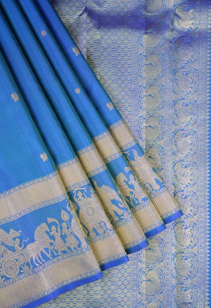 Ocean Blue Kanchipuram Silk Sarees with Gold Zari Buttis (small Dots Or Motifs)