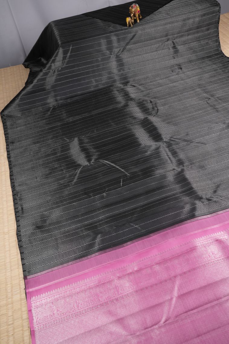 Asphalt Black Kanchipuram Silk Sarees with Silver Zari Stripes view 2