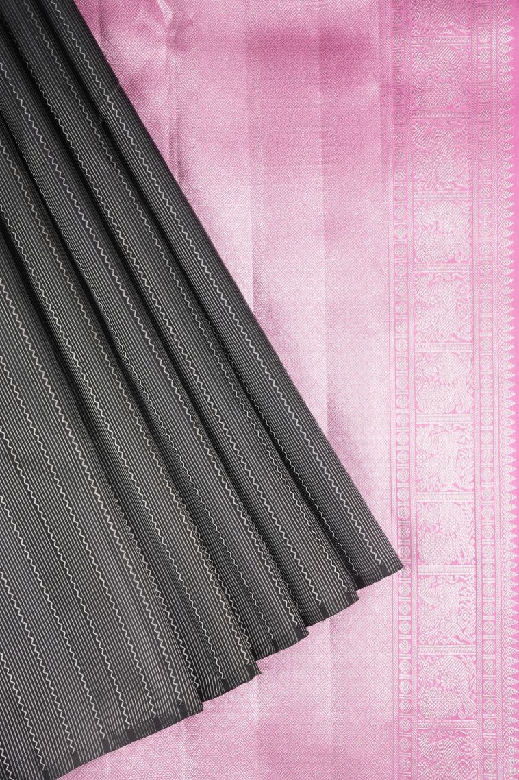 Asphalt Black Kanchipuram Silk Sarees with Silver Zari Stripes view 1
