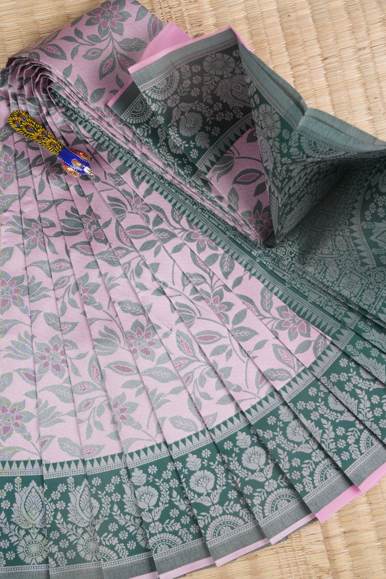 Ballet Pink Visiri Madippu Silk Sarees with Silver Zari Floral Patterns view 1