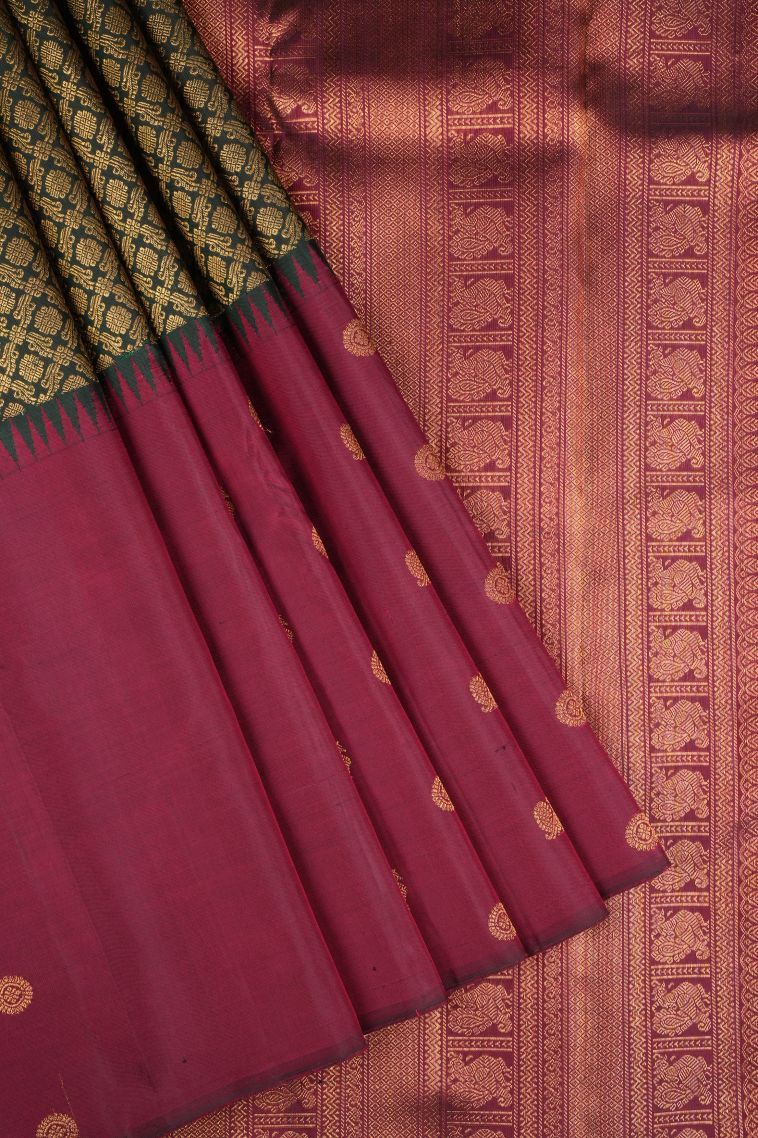Bottle Green Kanchipuram Silk Sarees with Gold Zari Buttis (small Dots Or Motifs) view 1