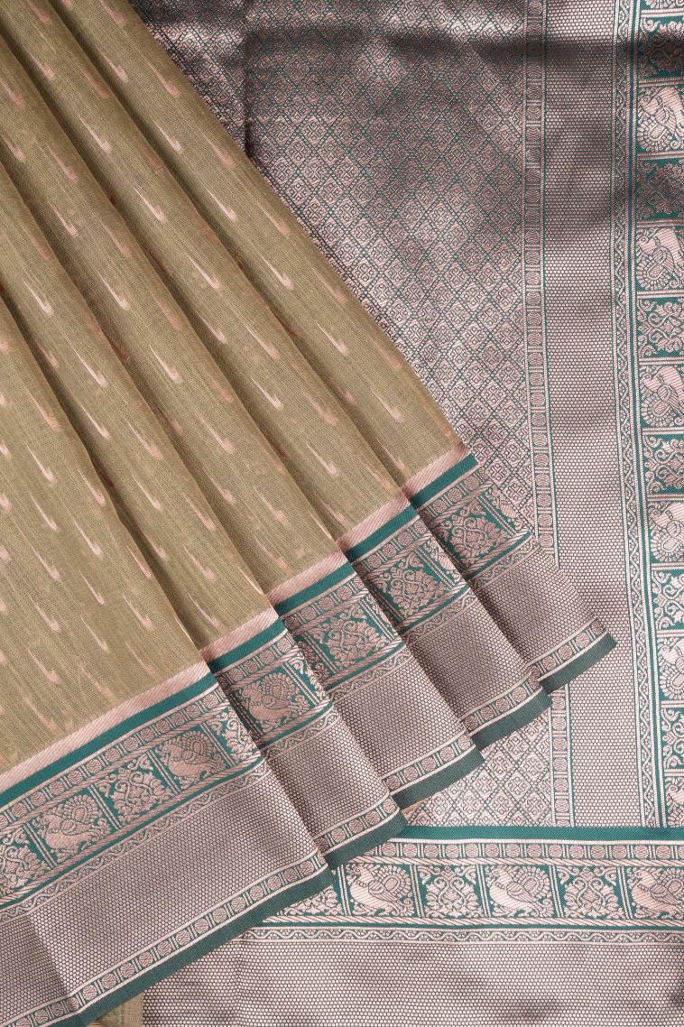 Fawn Yellow Tussar Saree with Copper Zari Stripes view 1