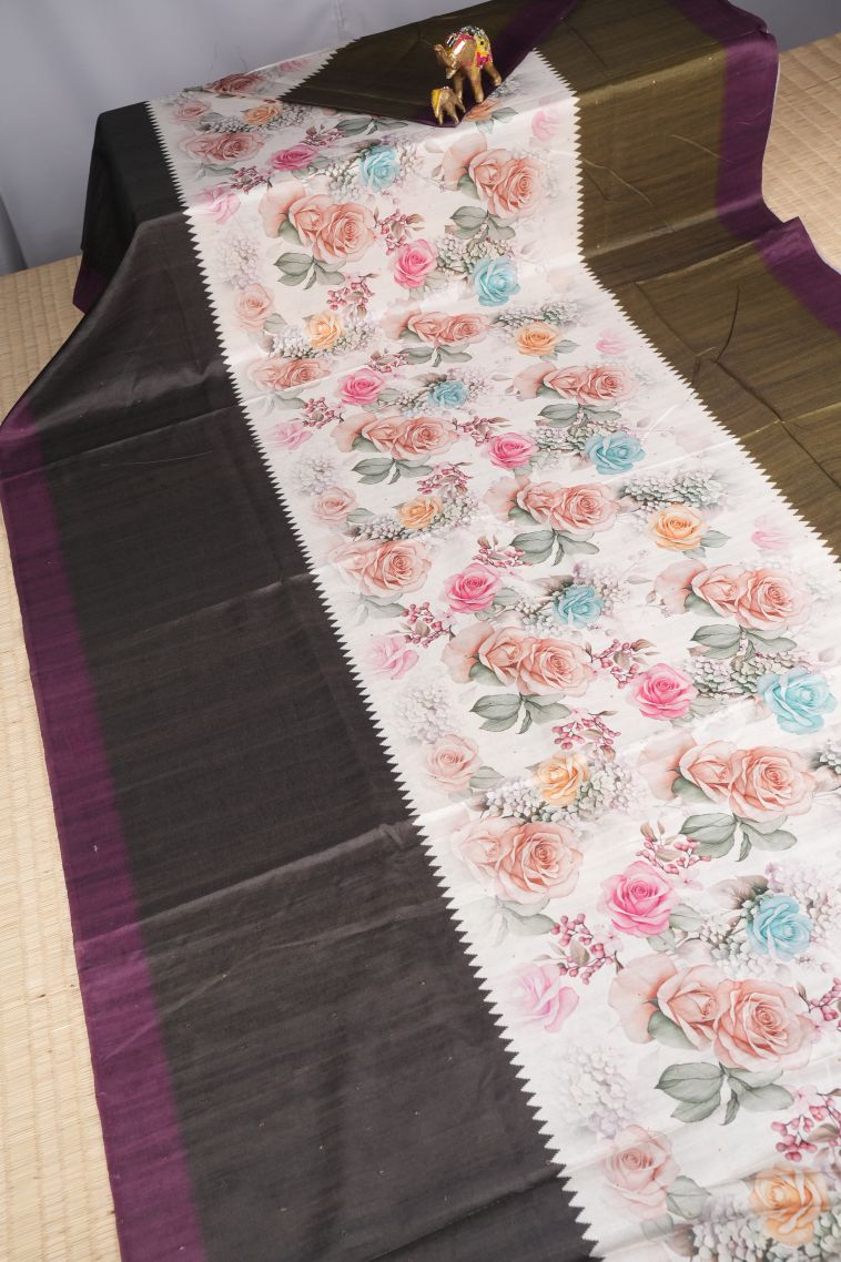 Daisy White Tussar Saree with Without Zari Zari Buttis (small Dots Or Motifs) view 2