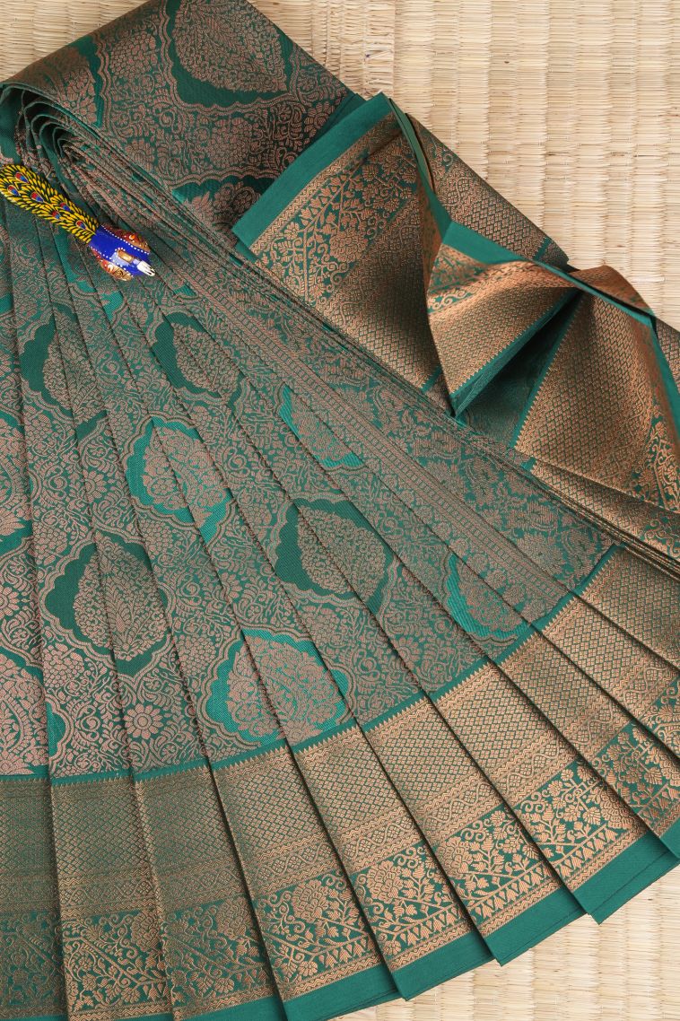 Basil Green Visiri Madippu Silk Sarees with Copper Zari Floral Patterns view 1