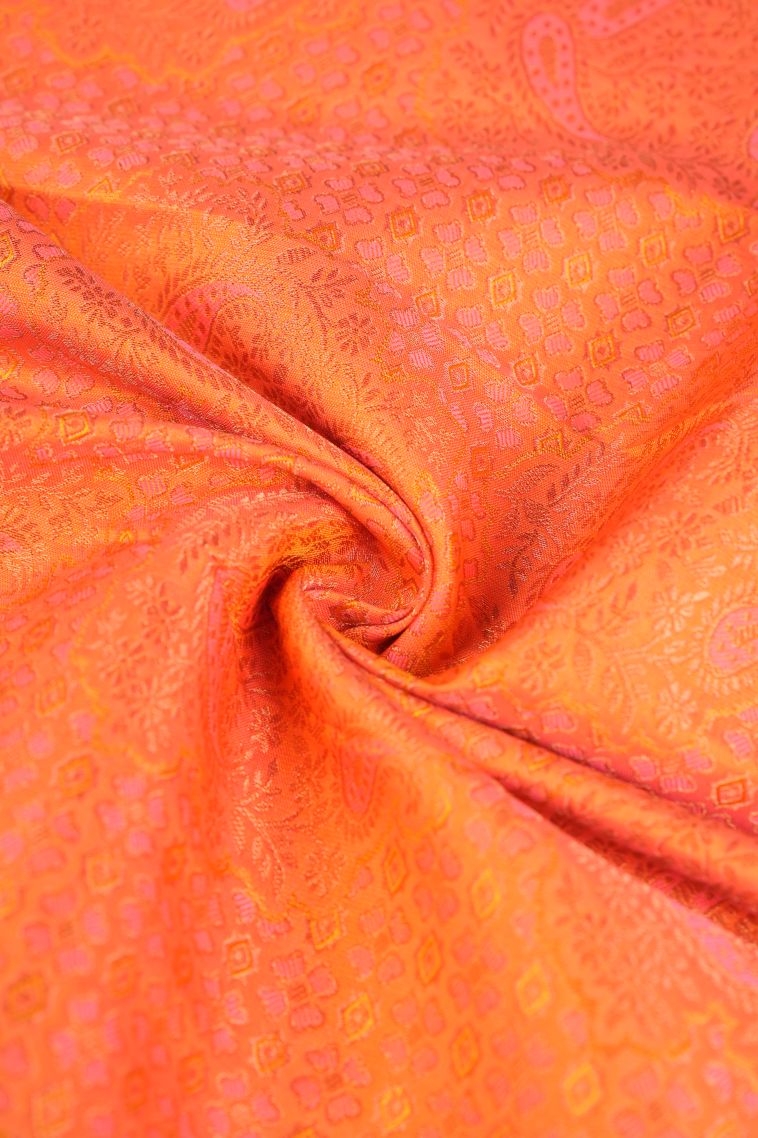 Coral Pink Visiri Madippu Silk Sarees with Copper Zari Floral Patterns view 4