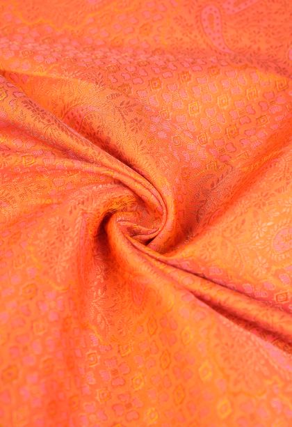 Coral Pink Visiri Madippu Silk Sarees with Copper Zari Floral Patterns