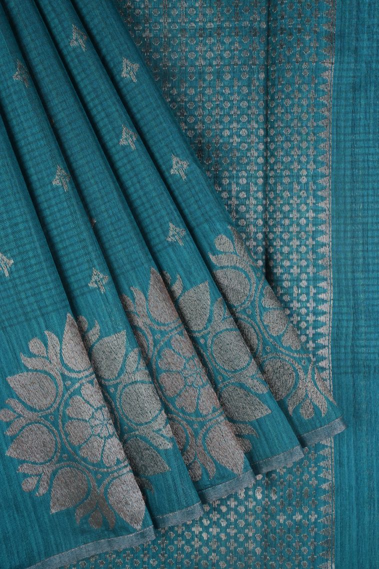 Cerulean Blue Jute Sarees with Copper Zari Buttis (small Dots Or Motifs) view 1