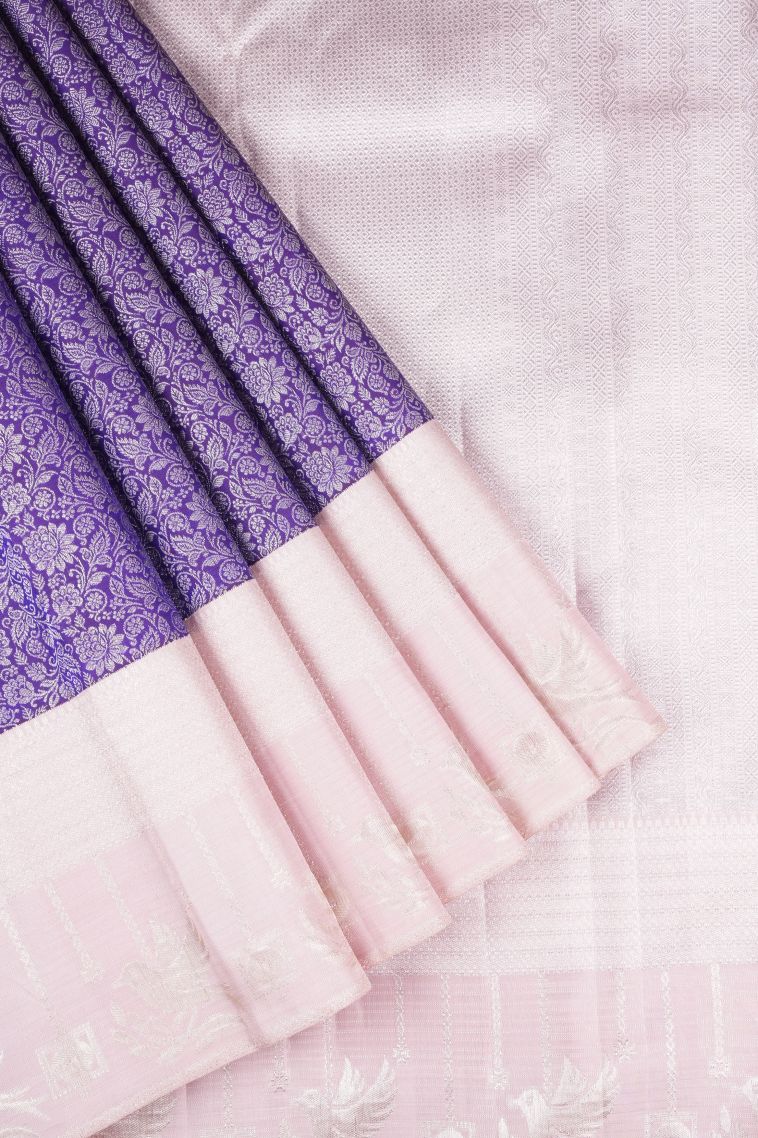 Viola Purple Kanchipuram Silk Sarees with Silver Zari Floral Patterns view 1