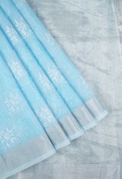 Sky Blue Organza Saree with Without Zari Zari Floral Patterns