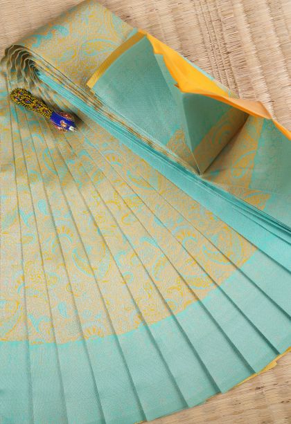 Lemon Yellow Visiri Madippu Silk Sarees with Silver Zari Floral Patterns