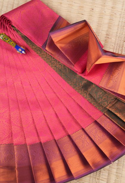 Bubblegum Pink Visiri Madippu Silk Sarees with Copper Zari Floral Patterns